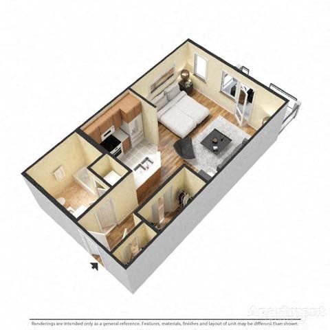 Floor plan for studio, 1 bath, 635 sqft