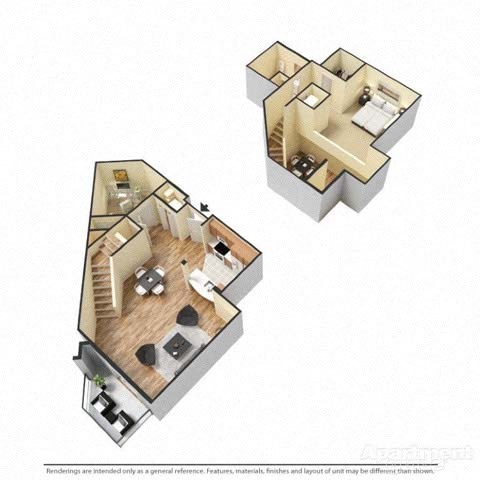 Floor plan for 1 bed, 1 bath, 1024 sqft