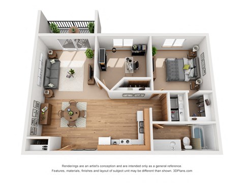 Floor plan for 1 bed, 1 bath, 864 sqft