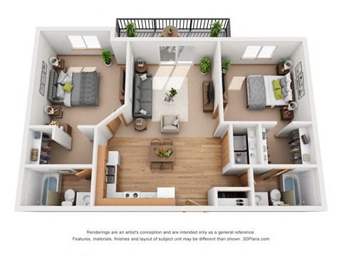 Floor plan for 2 beds, 2 baths, 864 sqft