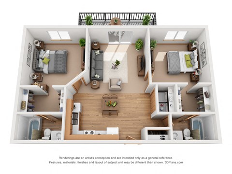 Floor plan for 2 beds, 2 baths, 938 sqft