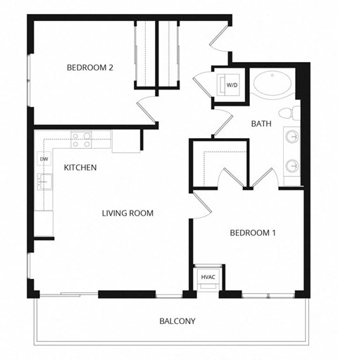 Floor plan for 2 beds, 1 bath, 910 sqft