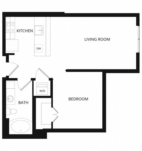 Floor plan for 1 bed, 1 bath, 667 sqft