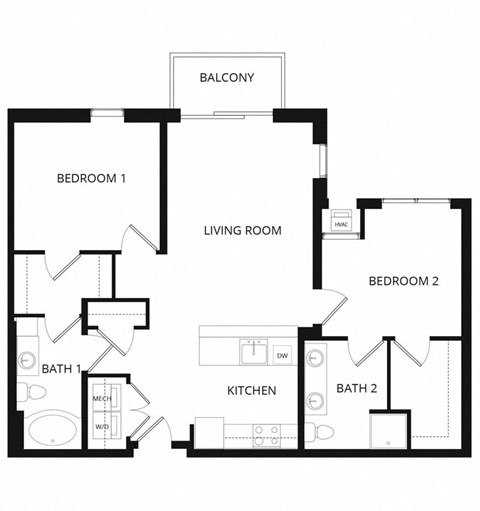 Floor plan for 2 beds, 2 baths, 1100 sqft