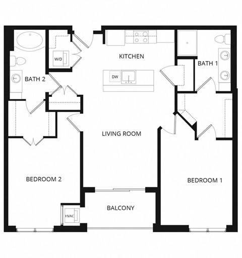 Floor plan for 2 beds, 2 baths, 1116 sqft