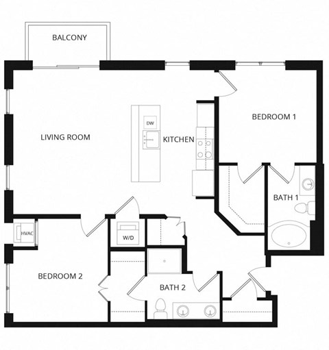 Floor plan for 2 beds, 2 baths, 1097 sqft