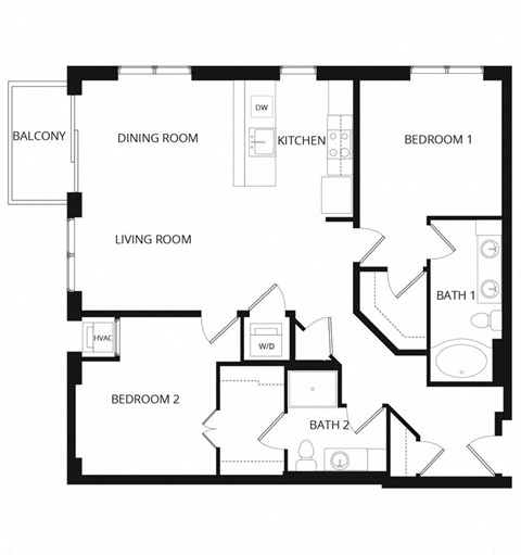 Floor plan for 2 beds, 2 baths, 1206 sqft