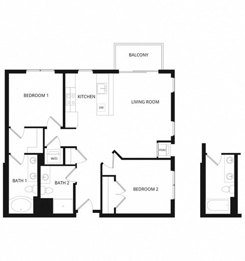 Floor plan for 2 beds, 2 baths, 1023 sqft