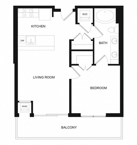 Floor plan for 1 bed, 1 bath, 637 sqft