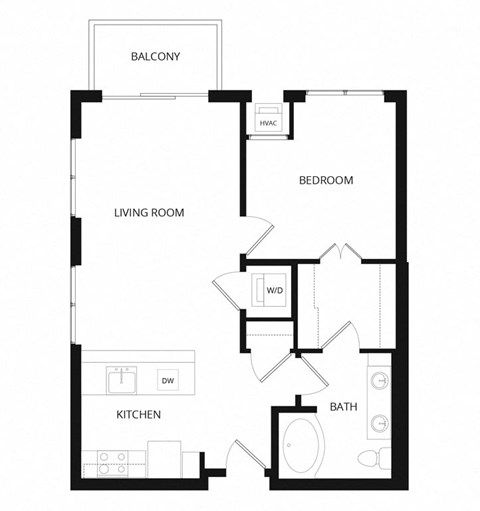 Floor plan for 1 bed, 1 bath, 745 sqft