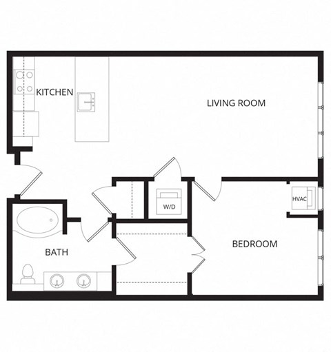 Floor plan for 1 bed, 1 bath, 785 sqft