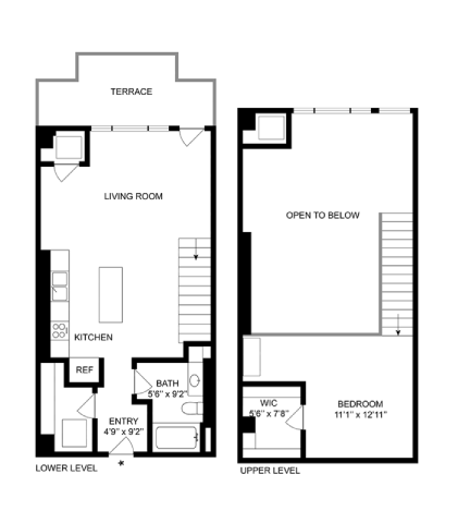 Floor plan for 1 bed, 1 bath, 850 sqft