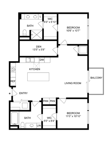 Floor plan for 2 beds, 2 baths, 1175 sqft