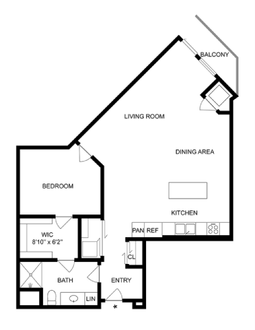 Floor plan for 1 bed, 1 bath, 925 sqft