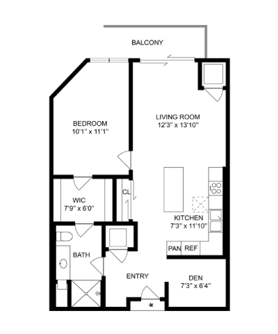 Floor plan for 1 bed, 1 bath, 788 sqft