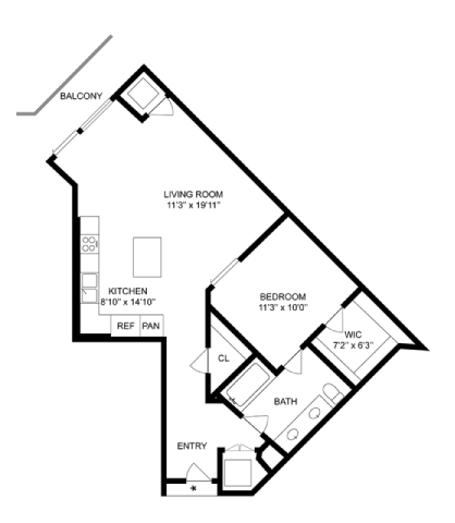Floor plan for 1 bed, 1 bath, 795 sqft