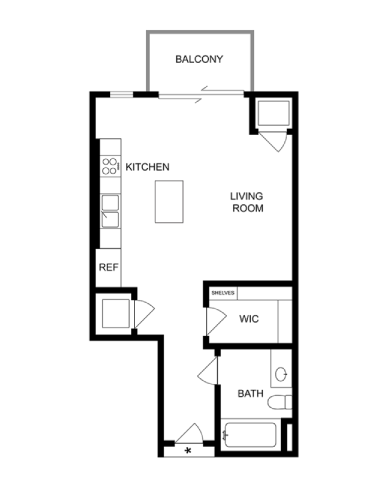 Floor plan for studio, 1 bath, 523 sqft