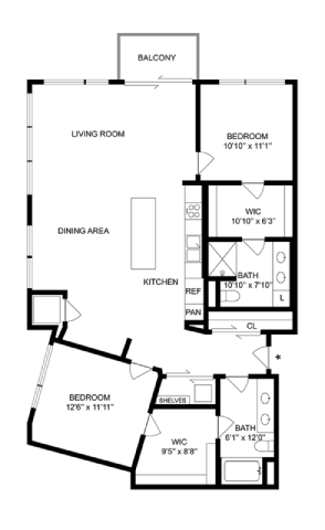 Floor plan for 2 beds, 2 baths, 1398 sqft