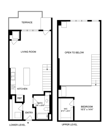 Floor plan for 1 bed, 1 bath, 933 sqft