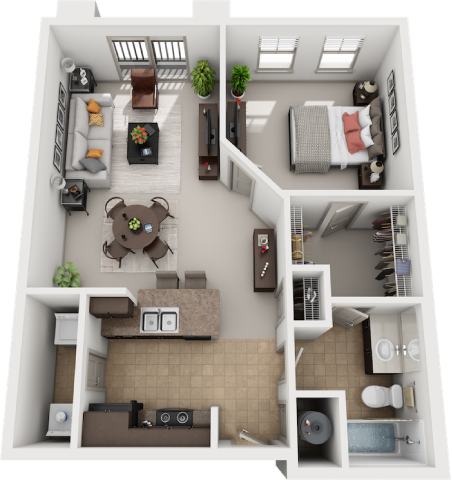 Floor plan for 1 bed, 1 bath, 748 sqft