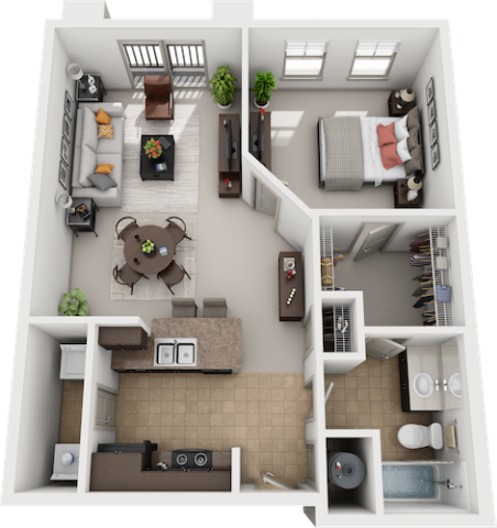 Floor plan for 1 bed, 1 bath, 766 sqft