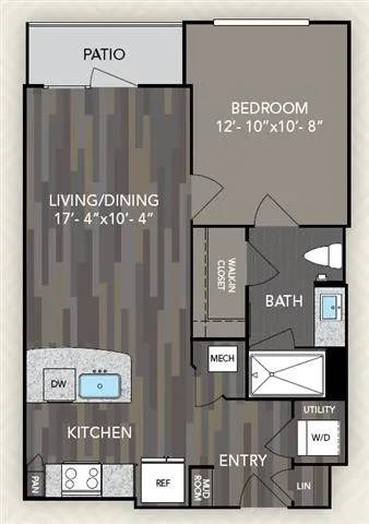 Floor plan for 1 bed, 1 bath, 652 sqft
