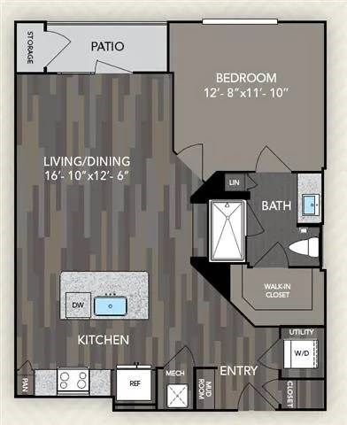 Floor plan for 1 bed, 1 bath, 767 sqft
