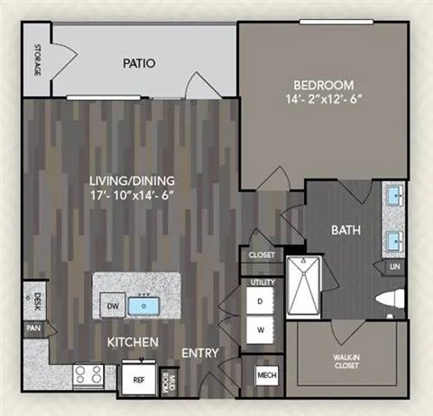Floor plan for 1 bed, 1 bath, 914 sqft