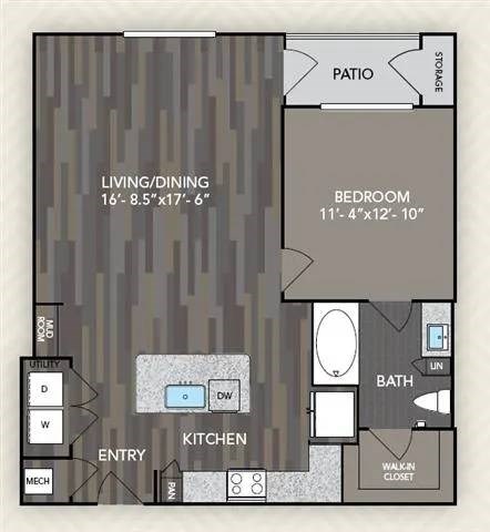 Floor plan for 1 bed, 1 bath, 827 sqft
