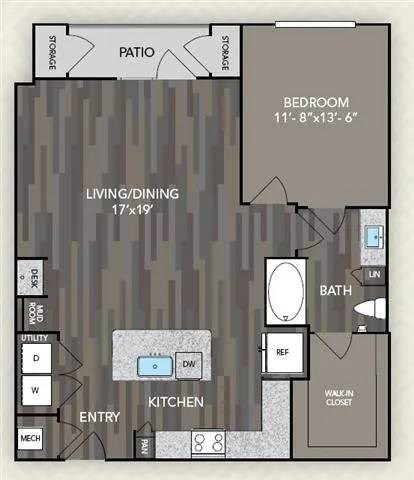 Floor plan for 1 bed, 1 bath, 896 sqft