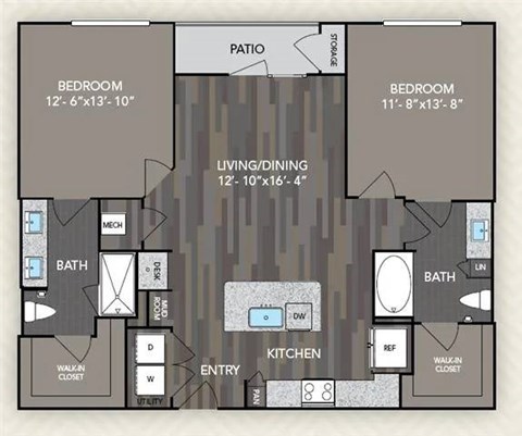 Floor plan for 2 beds, 2 baths, 1097 sqft