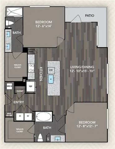 Floor plan for 2 beds, 2 baths, 1185 sqft