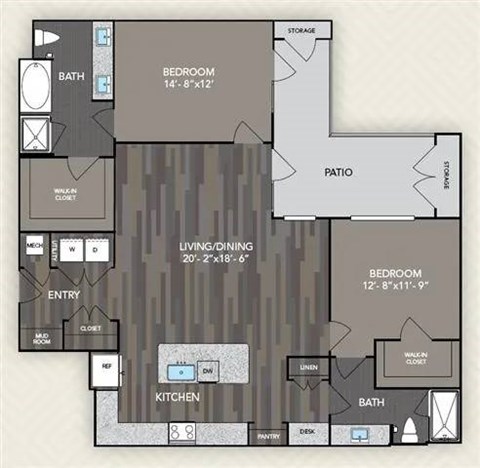 Floor plan for 2 beds, 2 baths, 1340 sqft