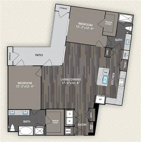 Floor plan for 2 beds, 2 baths, 1341 sqft