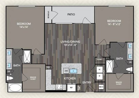 Floor plan for 2 beds, 2 baths, 1318 sqft