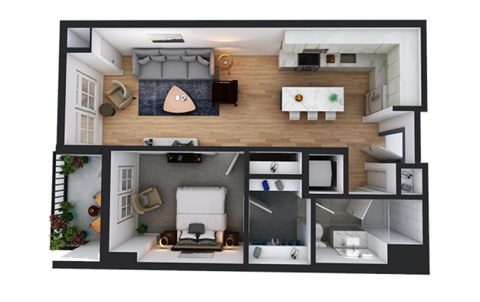 Floor plan for 1 bed, 1 bath, 766 sqft