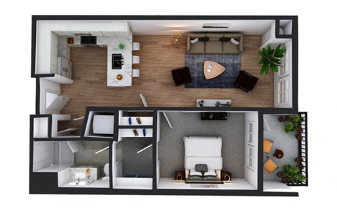 Floor plan for 1 bed, 1 bath, 766 sqft