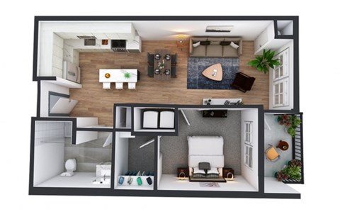 Floor plan for 1 bed, 1 bath, 766 sqft