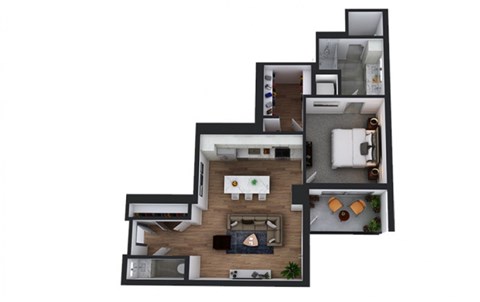 Floor plan for 1 bed, 1.5 baths, 844 sqft