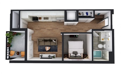 Floor plan for 1 bed, 1 bath, 526 sqft