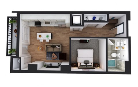 Floor plan for 1 bed, 1 bath, 595 sqft