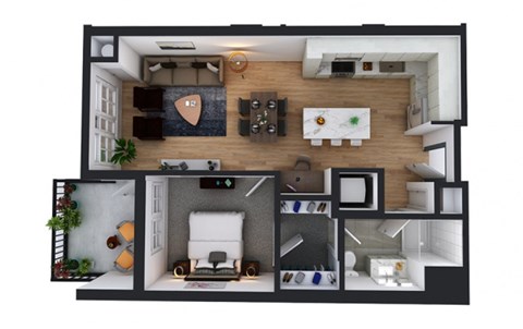 Floor plan for 1 bed, 1 bath, 730 sqft