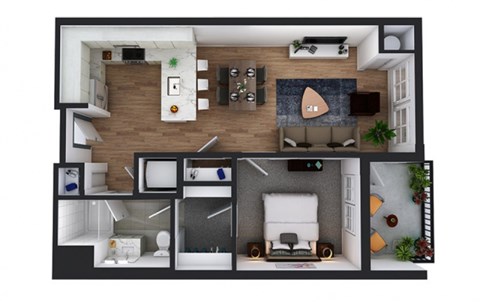 Floor plan for 1 bed, 1 bath, 723 sqft