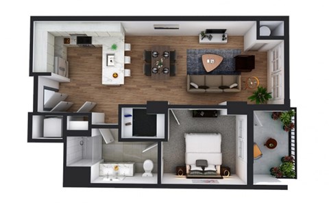 Floor plan for 1 bed, 1 bath, 730 sqft