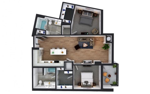 Floor plan for 2 beds, 2 baths, 1129 sqft