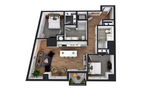 Floor plan for 2 beds, 2 baths, 1057 sqft