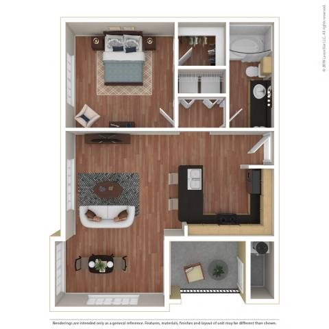 Floor plan for 1 bed, 1 bath, 725 sqft