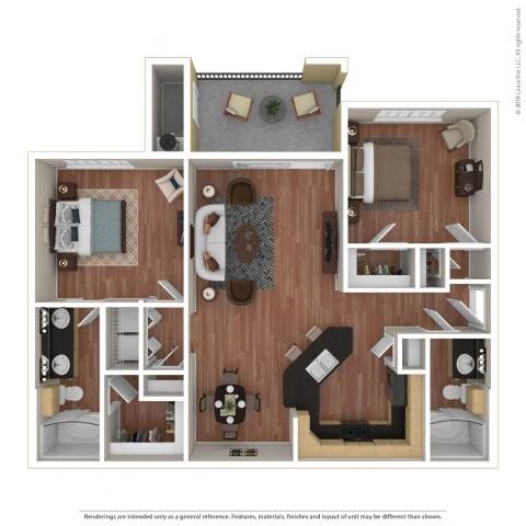 Floor plan for 2 beds, 2 baths, 1055 sqft