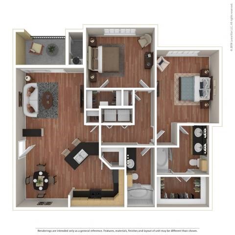 Floor plan for 2 beds, 2 baths, 1130 sqft
