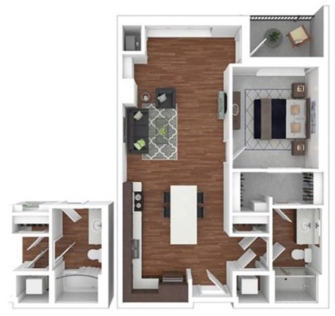 Floor plan for 1 bed, 1 bath, 726 sqft